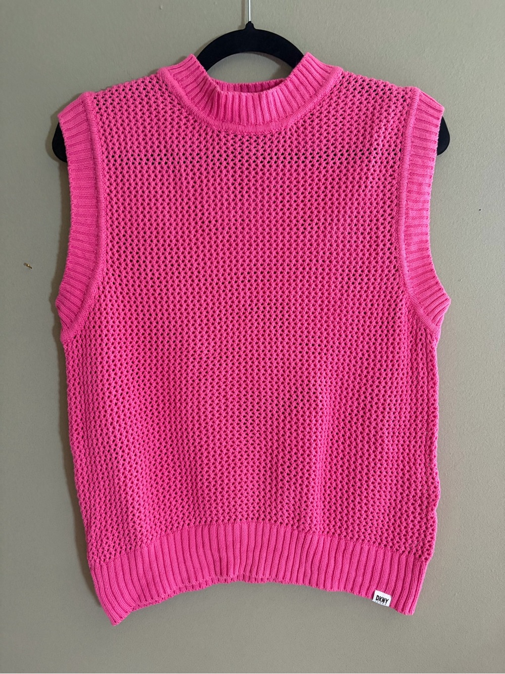 DKNY Jeans Pink Open Knit Sweater Vest XL Mock Neck Sleeveless Cotton Blend Prep